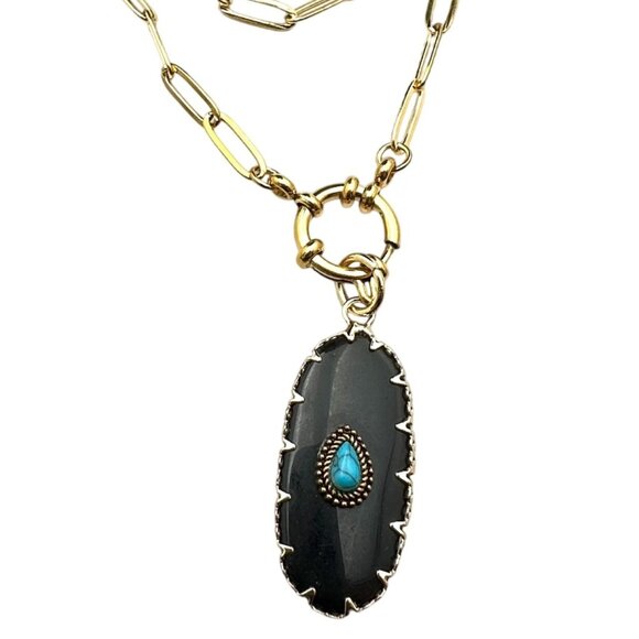 Black Onyx Turquoise Gemstone Pendant Necklace 18K Gold Plated Chain 17 Inch - Picture 1 of 9